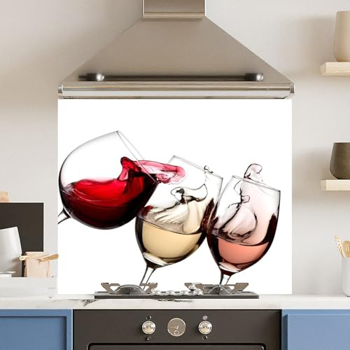 Toughened 6mm Glass Kitchen Splashback 90 x 65cm White 3 Wine Glasses - Polished Heat Resistant Back Splash for Cookers Hob