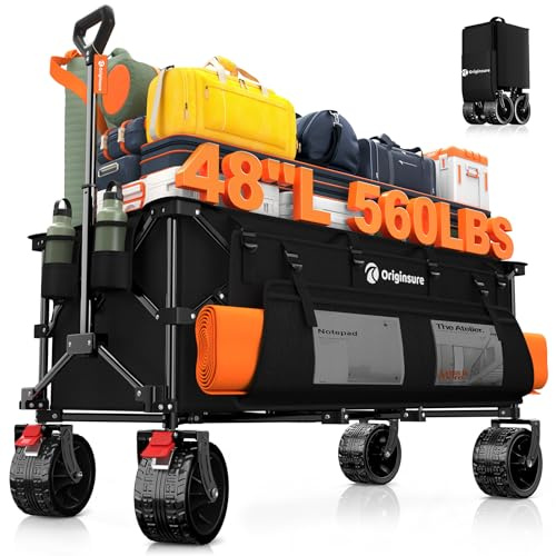 48 L Collapsible Wagon Cart Foldable, 560lbs Weight Capacity 300L Heavy Duty Folding Beach Wagons with Big All-Terrain Wheels, Utility Carts for Groceries, Shopping, Camping, Sports - Black