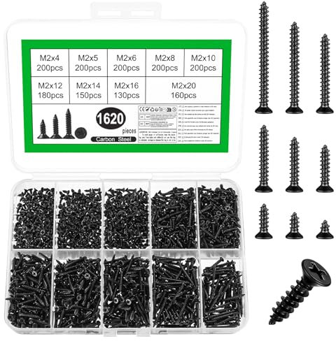 1620 Pcs M2 Vis à Bois, Vis a Bois, Vis Autotaraudeuses, Vis à Tête Fraisée Cruciforme, Vis à Tête Plate Croisée, Vis Tête Plate, Vis Autoperforante Vis Autoforeuse pour Bois Meubles(Noir)