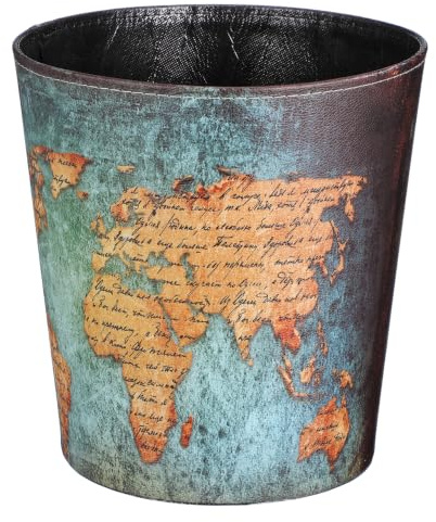 Amosfun Waste Paper Bin, 10L Retro World Map Waste Basket, Round PU Leather Rubbish Bin for Bedroom, Office, Bathroom