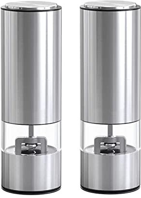 TONZN Molinillo de Sal y Pimienta, Molinillo eléctrico, Juego de 2, Grosor Ajustable, Rotor de cerámica, Funciona con Pilas, Color Plateado (Negro) (Plata)
