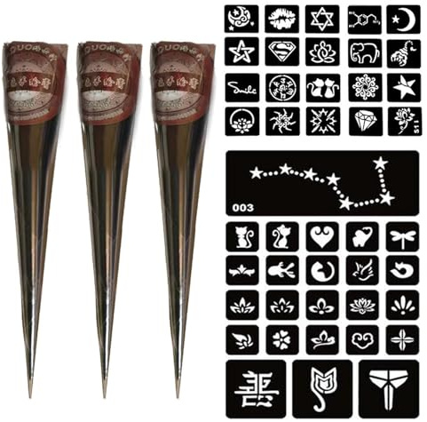 AMSNINK Henna Tattoo Set - 3x Braun Henna Paste Mit 44 Schablonen, Henna Braun Sommersprossen, Henna Farbe, Für Temporäre Tattoos