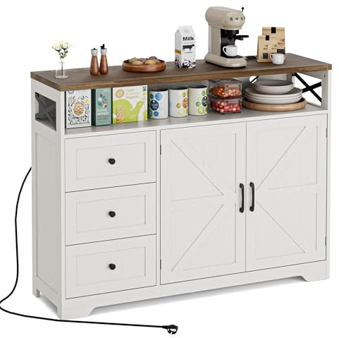 BonVache Aparador, aparador con cajones, aparador con estantes abiertos, para cocina, comedor, salón, 120 x 35 x 95 cm, color blanco