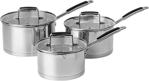 Prochef Stainless Steel 3 Piece Saucepan Set, Mirror-Polished Finish, 16cm/18cm/20cm, Induction Compatible, Tempered Glass Lids, Silicone-Coated Handles