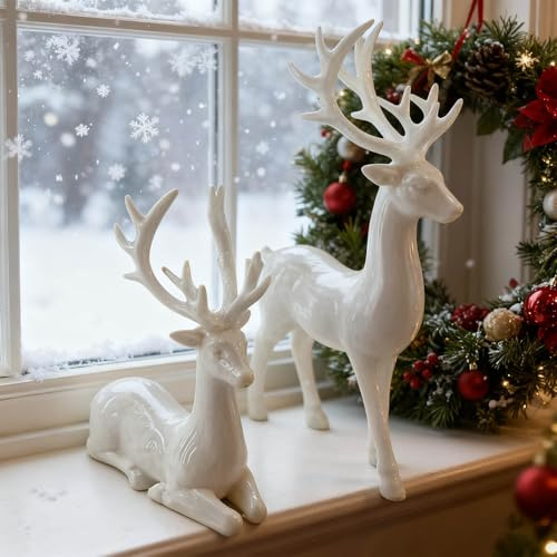 2Pcs Reindeer Christmas Decorations, A Pair of Reindeer Figurines- Shiny Electroplated Metal Surface, Non-Fading, Christmas Deer Ornaments for Living Room, Bedroom, Bookshelf, Desktop (White)