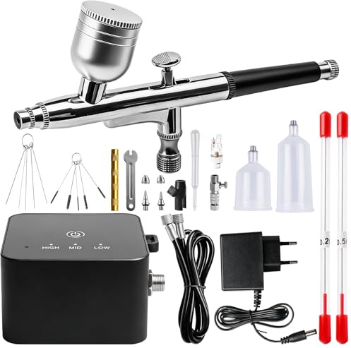Airbrush set med kompressor, 25 PSI bärbar airbrush kit, dubbel action-airbrush-pistol + rengöringstillbehör för smink, nageldesign, tårtdekoration, modellbygge och tatueringsmodellering