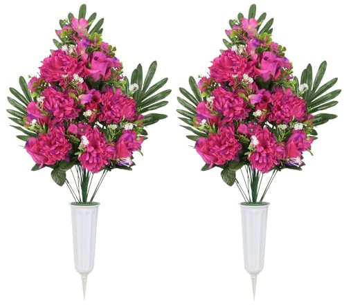 Hupiosy 2PCS Artificial Cemetery Flowers, Mixed Chrysanthemum and Peony Flower Bouquets, Cemetery Flowers with Vase for Memorial Day Funeral Floral Arrangements,Headstone Decorations (Hot Pink)