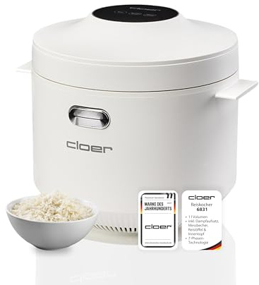 Cloer 6831 Cuiseur à riz 1 L avec panier vapeur & cuve intérieure compatible lave-vaisselle, technologie de cuisson en 7 phases, fonction maintien au chaud jusqu’à 24 h, signal sonore, 350 W