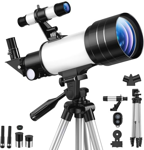 Telescopio Astronomico Rifrattore 70/300mm, FMC ad Alta Trasmissione, Ingrandimento 15-150X, Treppiede Regolabile, Supporto Telefono e Telecomando Bluetooth, per Principianti Astronomia Adulti Bambini