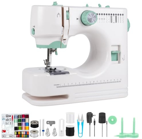 Nähmaschine Kompakt Multifunktion 12 Stichprogramme 2 Geschwindigkeiten Doppelstich mit Fußpedal und Knopfsteuerung Anfänger und Profis LED Beleuchtung Tragbar für DIY Kleidung (Grün)