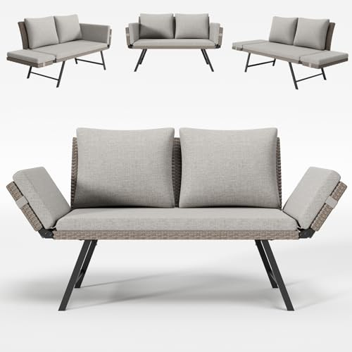 Gartenbank Rattan Wetterfest mit Liegefunktion 2-3 Sitzer, Gartensofa & Balkonsofa mit Kissen & Polster, Verstellbare Armlehnen, Bis 220kg, Outdoor Sofa Bank für Klein Balkon, Terrasse, Garten -Beige