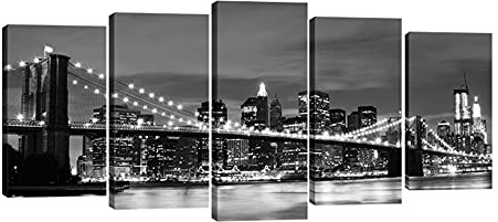 Wieco Art Large Brooklyn Bridge Night View Modern Giclee Canvas Prints Artwork Landscape Pictures to Photo Paintings on Stretched and Framed Canvas Wall Art for Home Decorations