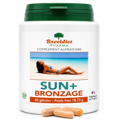 Accélérateur de Bronzage Sans Autobronzant - SUN + 60gélules -Carotte, Bourrache, Vitamine A, Beta Carotene, Vitamine E - Fabriqué en France