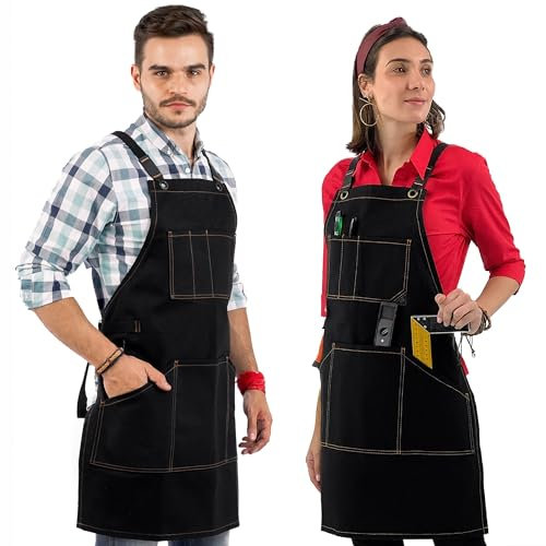 Under NY Sky Work Apron, Cross-Back, Leather Support, Waxed Canvas, Black