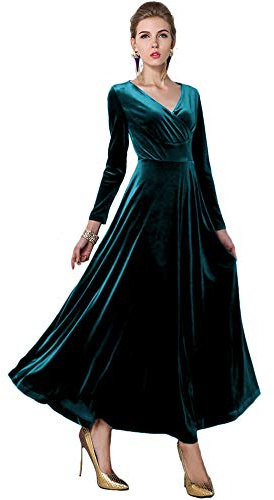 Urban GoCo Femme Vintage Velours Robe Col V Manches Longues de Soirée Cocktail Longue (L, Lyons Bleu)