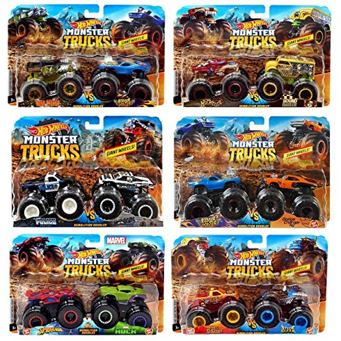Hot Wheels Monster Jam Demolition Doubles Trucks with Giant Wheels 1:64 Die Cast Vehicles Loco Punk (Train) Vs Pure Muscle