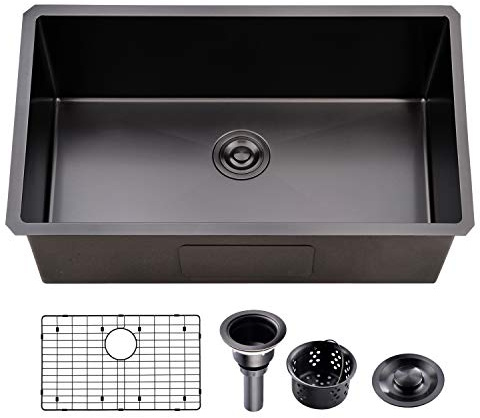 UFaucet 32 Inch Nano Black Undermount Kitchen Sink Stainless Steel Deep Single Bowl, 32”x18” Gunmetal Black 16-Gauge Zero Radius Commercial Large Kitchen Sink with Drainer and Bottom Grid