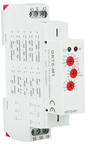 Regun Relé de tiempo multifunción, GRT8-M1 relé de retraso AC/DC 12V 240V, módulo de relé de montaje de guía din, con 10 funciones para equipos industriales, control de iluminación