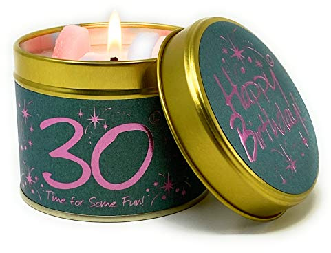 Lily Flame Happy Birthday 30th Scented Candle Tin - Sparkling Deep Pink on Teal with a Sweet Floral Scent - Cruelty Free and Vegan Friendly