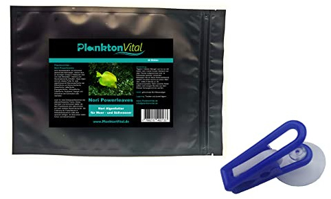 PlanktonVital Nori Powerleave Nori-Algenblätter mit Futterklammer Algenfutter Seaweed Feed Clip Fischfutter Nori Algen (10 + Futterklammer)