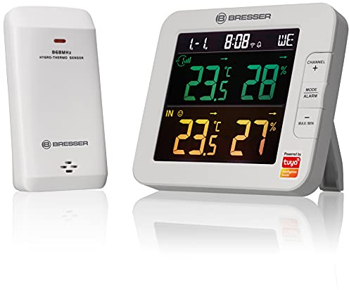 Bresser WLAN Smart Home 7-Kanal Tuya Funk Thermometer-Hygrometer mit Außensensor, mit integriertem Wecker, Weiß | Temperatur und Luftfeuchtigkeitsmesser, Schimmelalarm, Lüftungsempfehlung, Tuya App, WLAN, 150 m Reichweite