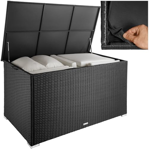 tectake® Coffre de jardin Exterieur, Coffre à Coussins 750 L en Aluminium Polyrotin 145 x 82,5 x 79,5 cm, Couvercle Rabattable, Poignées pour Rangement des Outils de Jardin, Jouets