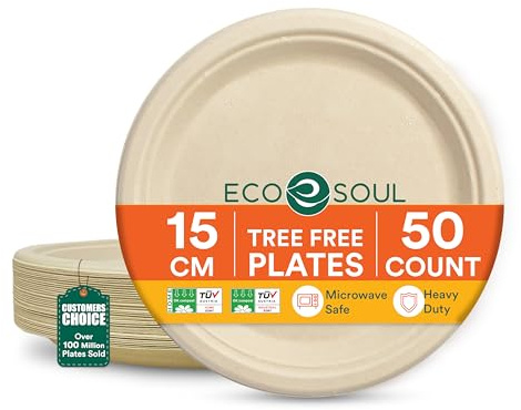 ECO SOUL 15Cm Kompostierbare Teller (100 Stück) | 100% Biologisch Abbaubar | Einweg & Umweltfreundlich | Robuste Teller aus Zuckerrohr | Ideal für Vorspeisen, Snacks & To-go
