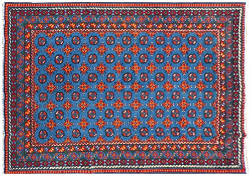 RUG PRINCE Afghan Aqcha Teppich 170x240 Handgeknüpft Blau Durchgemustert Orient Kurzflor a