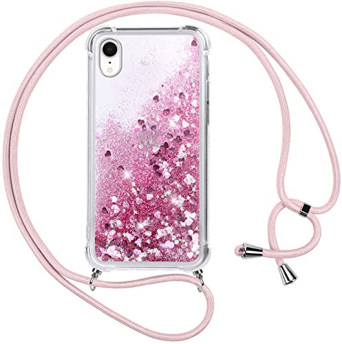Vauki handyband für iPhone XR Hülle mit Band,Silikon Durchsichtig Transparent Flüssig Glitzer mit Kette Kordel Bumper Treibsand Necklace TPU Schutzhülle Case für iPhone XR,Rosa