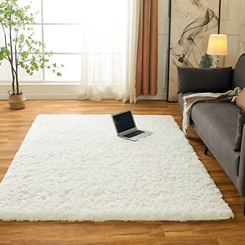 Obundi Creme Weich Wohnzimmerteppich 120x160cm Waschbarer Teppich | Flauschig, Hochflor 4-5 cm, Hochwertiger Schaumstoff, für Schlafzimmer, Kinderzimmer, Babyzimmer