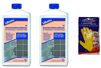 Sanitärshop Baustoffe & Sanitär Set: 2 x 1 Liter Lithofin KF Zementschleierentferner + gratis Handschuhe - Der geruchsmilde Reiniger speziell für den Innenbereich und alle keramischen Beläge