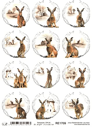 Josys Bastelmärchen Reispapier A4 Strohseide Decoupage Ostern Hasen Landschaft Mühle Kranz RE1709