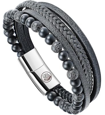 Casisto.J Lederarmband Herren Armband Schwarz mit Magnet Verschluss, Naturstein Geflochten Echtleder Armbänder für Männer zum Vatertag Geburtstag Weinachtstag