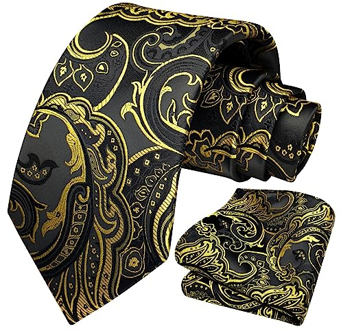 HISDERN Krawatte Herren Paisley Krawatte und Einstecktuch Set Krawatten Schwarz/Gelb