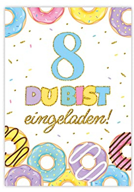 Minkocards 12 Einladungskarten zum achten Kindergeburtstag 8. Geburtstag Mädchen Donuts Einladungen zum Geburtstag Kinder bunte Geburtstagseinladungen