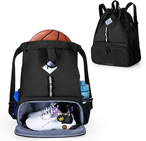 GOBUROS Basketball Backpack, Soccer Drawstring Bag with Ball Holder