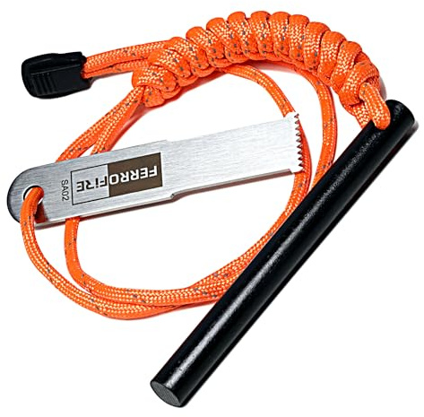 FERROFIRE FS384 Barra de Ferrocerio - Encendedor de Supervivencia con Eslabón y Paracord 550-1x10 cm (3/8x4) para Acampada, Senderismo y Emergencias - Produce Chispas de 1650°C