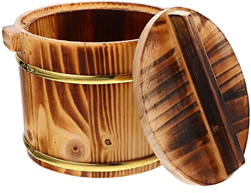 PAREKS Hangiri Sushi Oke Reisschale: Holz Reis Rührwanne Reis Kühlschale mit Deckel Holzeimer Dampfgarer für Zuhause Restaurant Hellbraun 16 x 16 x 15 cm