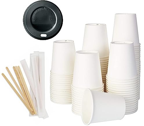 ABD Vasos De Papel Biodegradables Compostables Ecológicos Desechables para Agua Bebidas Calientes y fría (100 ud. de 240 ml + 100 tapas + 100 paletinas)