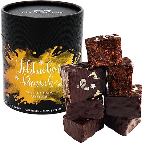 Hallingers Genuss Manufaktur Lebkuchen-Rausch Weihnachts-Geschenk - 6 saftige Lebkuchen-Würfel mit Alkohol handmade in edler Geschenk-Dose Williams-Birne, Weihnachten für Frauen Männer