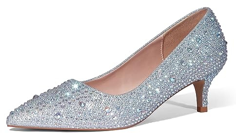 Zhabtuc Damen Pumps mit Kitten Heel Sexy Spitz Niedrige Absätze 5 cm Absatzschuhe Geschlossene Pumps mit Kleinem Absatz Elegant Brautschuhe Büro Heel Schuhe Strass Silber 41EU