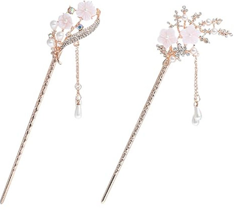 Lot de 2 baguettes à cheveux chinoises en métal avec fleurs et perles décoratives en cristal - Style rétro