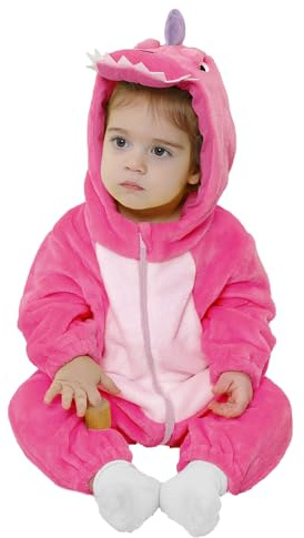LOLANTA Dinosaurie kostym för barn, unisex, djur, huva för barn, flannel union kostym, Rosa, 4-5 anni
