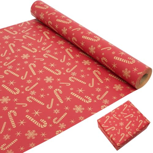 Rouleau de papier d'emballage cadeau de Noël 43cm×20m, papier d'emballage kraft imprimé avec bonbons étoiles et flocons de neige, rouleau de papier recyclable, adapté pour Noël, anniversaire