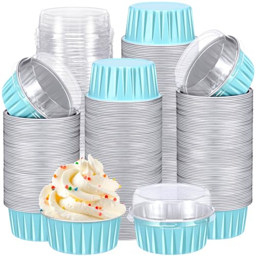 Gejoy 400 pirottini usa e getta con coperchio in alluminio da 141,7 g, mini pirottini per cupcake, creme, brûlée, muffin, dessert, contenitori per Natale, matrimoni, feste di compleanno (blu)