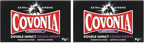 Covonia Double Impact Cough Drops Berry Blast 51g Extra Strong Warming Flavour and Menthol Vapour (Pack of 2)