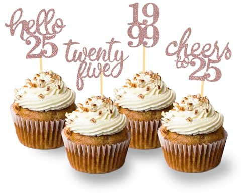 24 Stück Glitzer 25. Geburtstag Cupcake Toppers, Geburtstagsdeko 25 von 2000 für 25. Geburtstag Junge, 25 Geburtstagsfeier Zubehör Party Dekoration Kuchendekoration (Rose Gold)