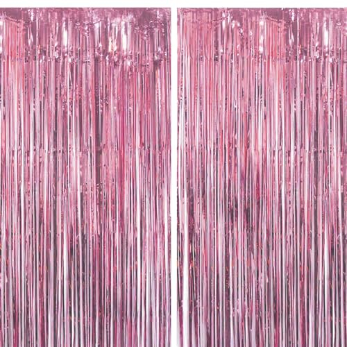 2 Cortinas Metálicas Rosa, Cortina de Lámina, Oropel Franjas Decoración Fondo para Fiesta de Cumpleaños Bodas
