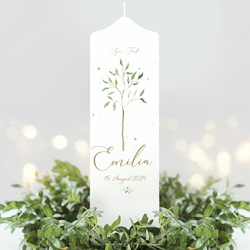 Wandtattoo Loft Taufkerze Mädchen oder Junge mit Taufspruch, Motiv mit jungen Lebensbaum, 25cm x 8cm, personalisierte Kerze, bedruckte Kerze Taufe, Stumpenkerze zur Taufe, individuelles Taufgeschenk