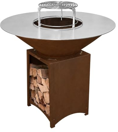 Mon Mobilier Design Fiesta Brasero Haut Acier corten avec Plaque et Grille Amovible INOX Barbecue plancha extérieur Ø 100 cm